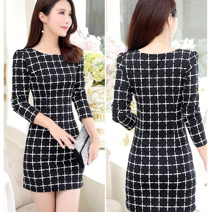 

Spring and Autumn New Korean Edition Slim-fit Printed Plaid Dress OL Long Sleeve Large Size Slim-fit Bottom Dress Women L