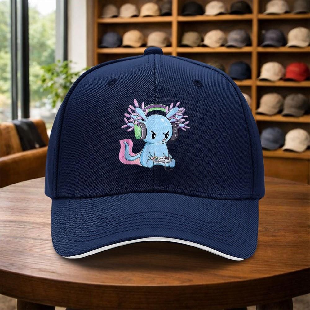 Gamer Axolotl Headphone Print Baseball Cap Adjustable Curved Brim Casual Street Dance Hat