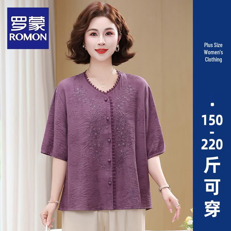 ROMON Women s Plus Size Embroidered Summer Blouse 4XL
