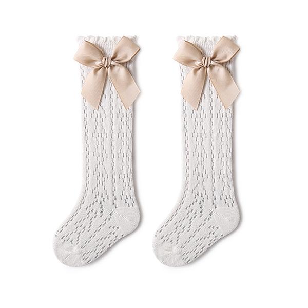 Cute Girls Knee High Socks Bows Cotton Breathable Soft Children Socks Hollow Out Non-slip Newborn Infant Long Mesh Socks 0-3Yrs