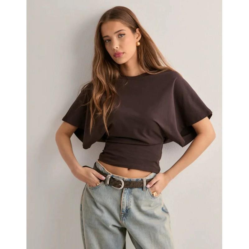 Womens Round Neck Loose Short Sleeve T-Shirt - Tencel Blend Solid Color Batwing Minimalist Casual Top 2025