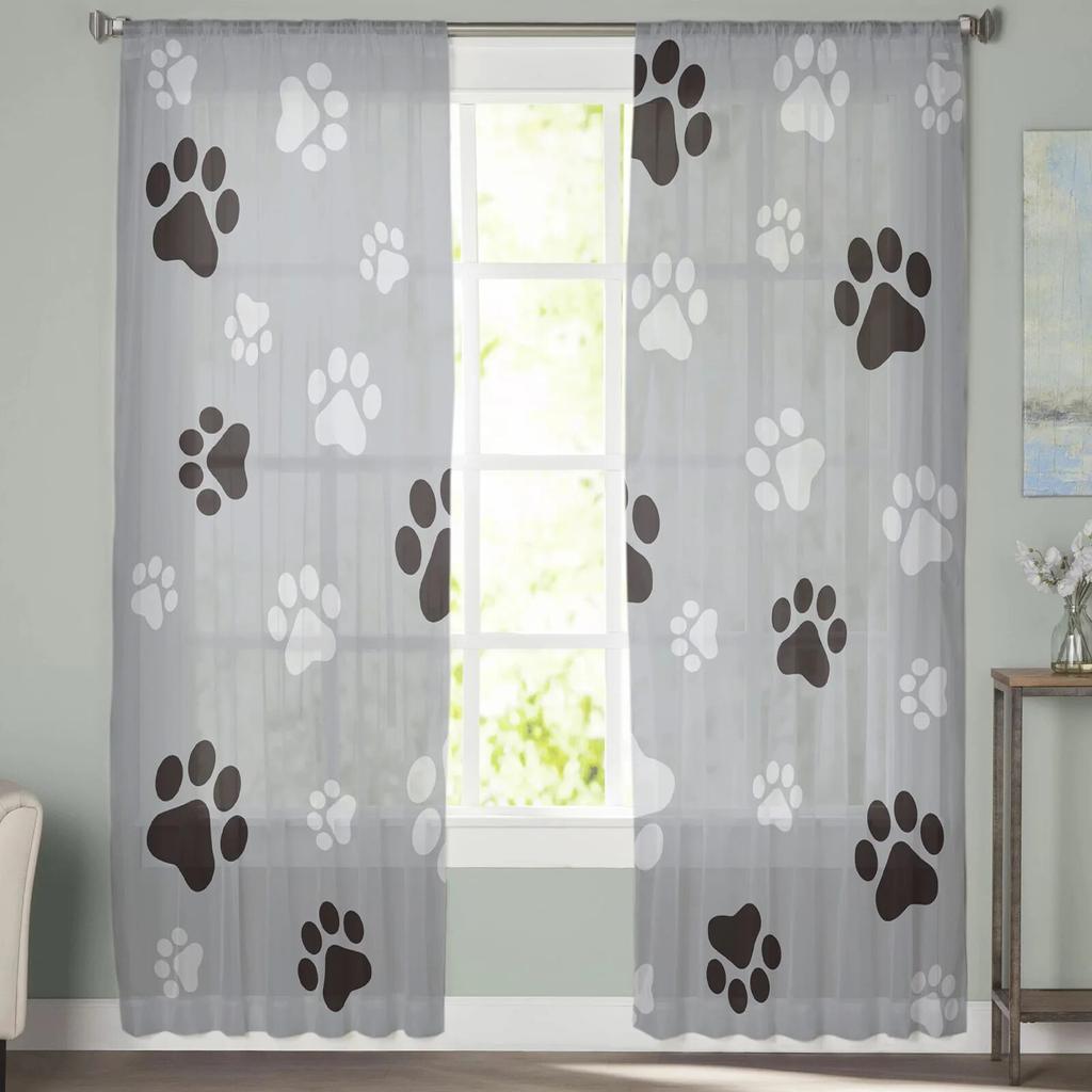 Tulle Curtains for Living Room Dog Paw Black Gray Bedroom Study Window Sheer Curtains Kitchen Balcony Interior Voile Curtains
