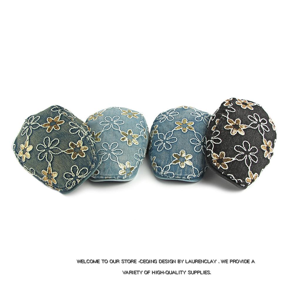 Denim Pailletten Blume Baskenmütze Damen Britisch Vintage Schirmmütze Bemalte Mütze