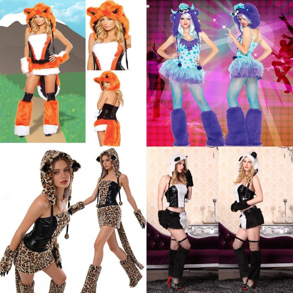 Animal Furry Costume Hood With Mini Skirt Halloween Carnival Cosplay Dress Up Party Outfit