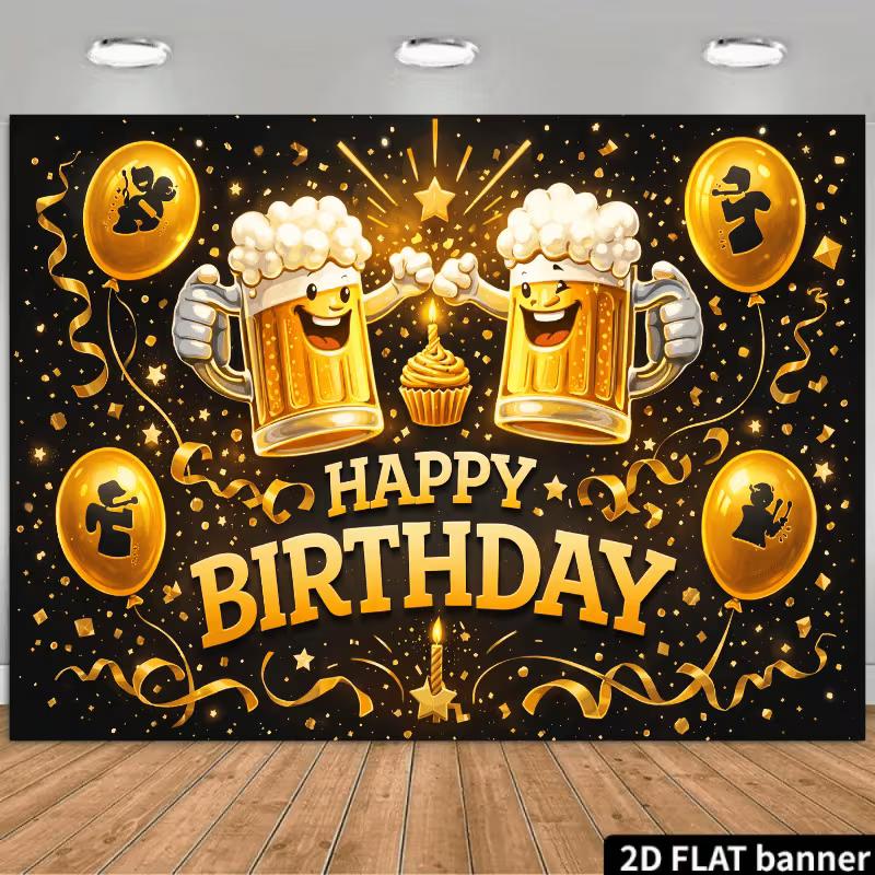 

2D Happy Birthday Beer Mug Backdrop, Black Gold Glitter Photography Banner 47.2x31.5inch/120*80cm