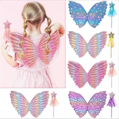 Girls Fairy Wings and Wand Fancy Dress Set Butterfly Wings Fairy Magic Wand Glitter Fairy Dress Up Fancy Accessory Costume for Girls Party Costume