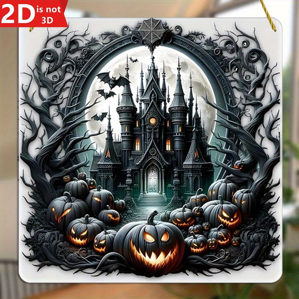 

2D Gothic Castle Pumpkin Monster plaque. Art Deco wall decor, Halloween sun catcher & gift. чистый