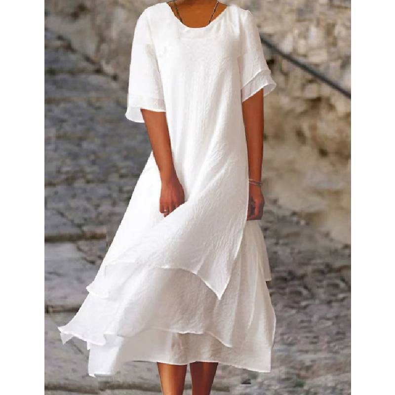 Vestito Corto a Maniche Corte con Scollo Rotondo, Bicolore, a Doppio Strato, in Cotone e Lino, per Uso Casual