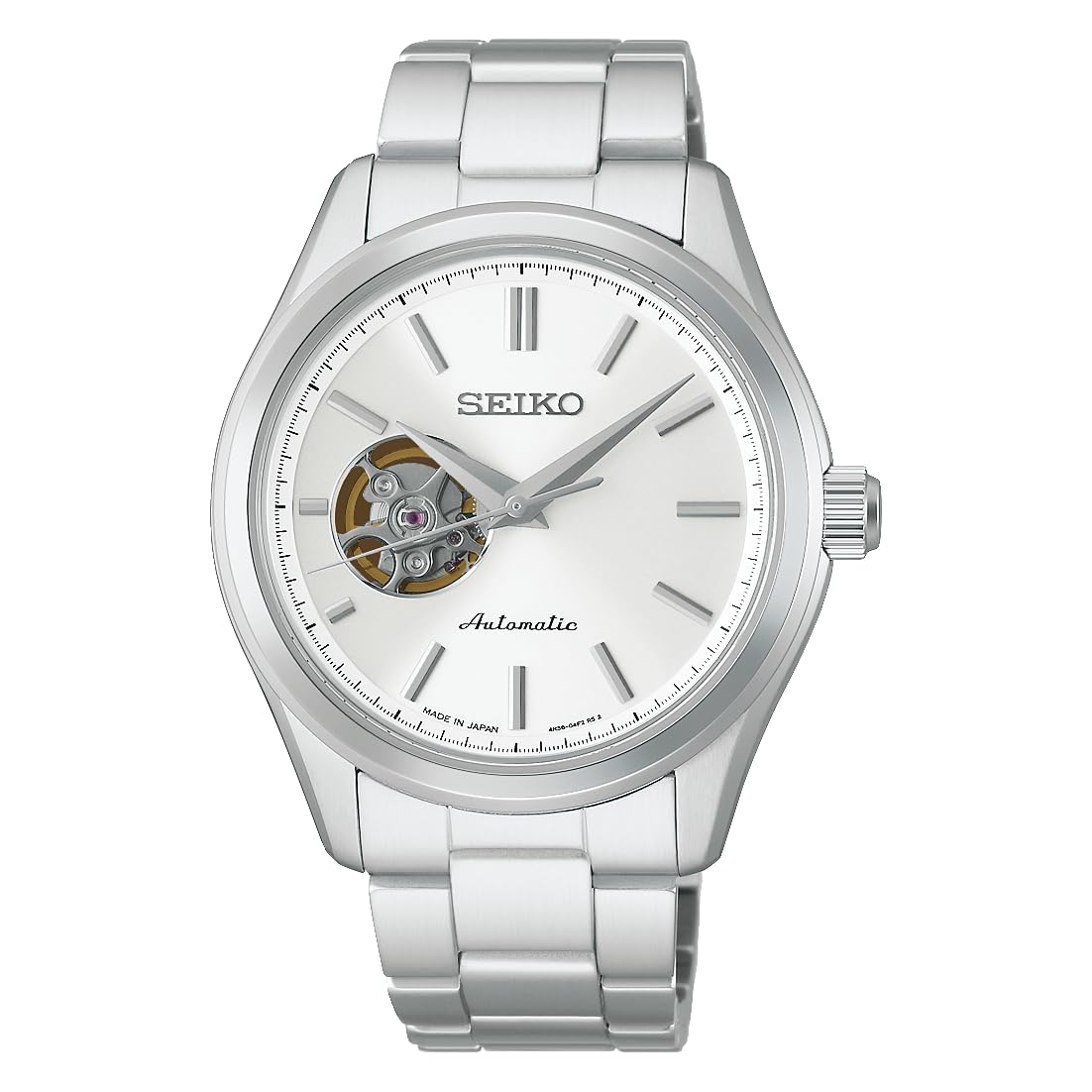 Seiko Selection HFB001J Men s Mechanical Automatic Open Heart See-through Screw-back White Dial Stainless Steel Wristwatch