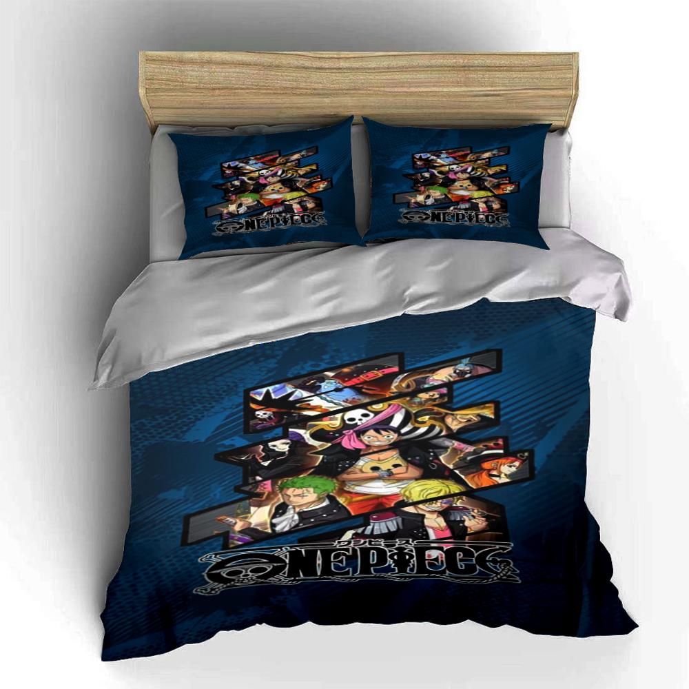 One Piece Anime Bedding Set Blue Design Bedding set (1 duvet cover, 2 pillowcases, duvet not included)