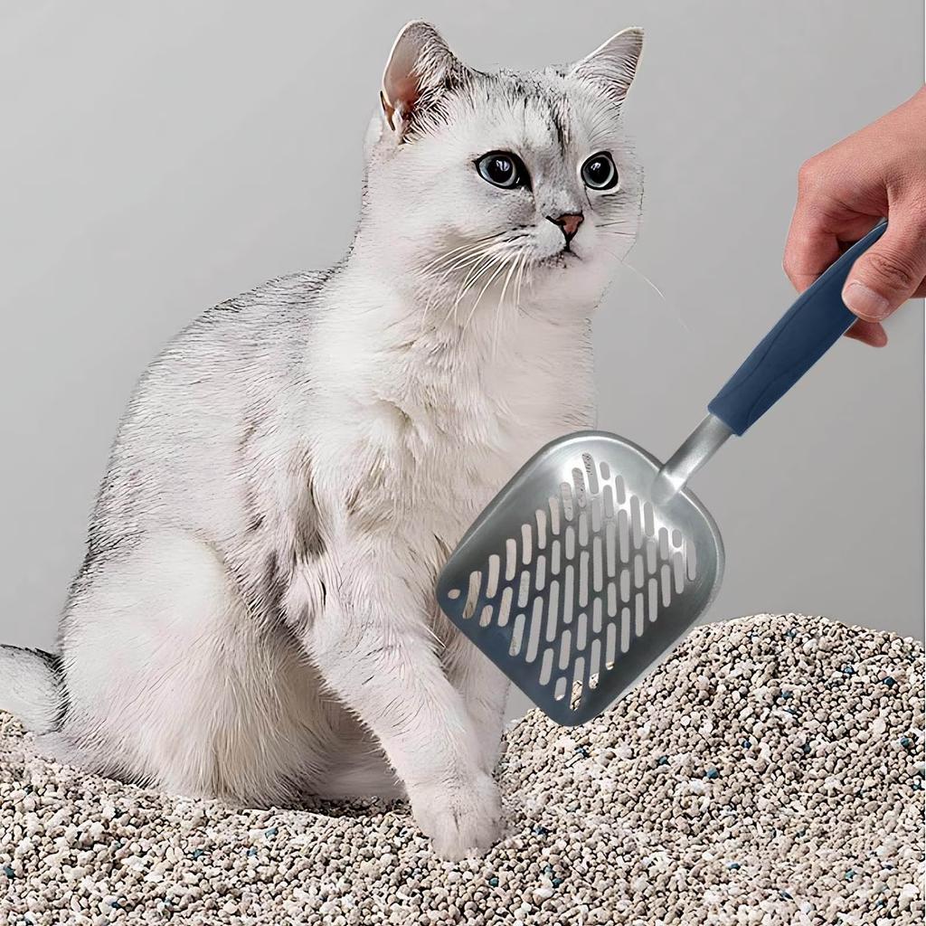 Cat Litter Scoop, Aluminum Alloy Sifter, Kitty Metal Scooper, Deep Shovel with Diagonal Sifting Hole, Long Handle, Kitten Poop Lifter for Litter Box