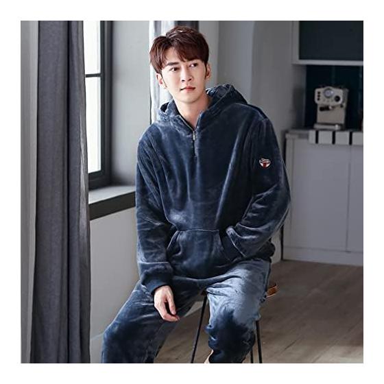 [D.IIZOO] Parka Style Long Sleeve Fluffy Pajamas Men's Winter Top and Bottom Set Room Wear Loose Warm Cold Protection Loungewear Fleece Lined Pajamas