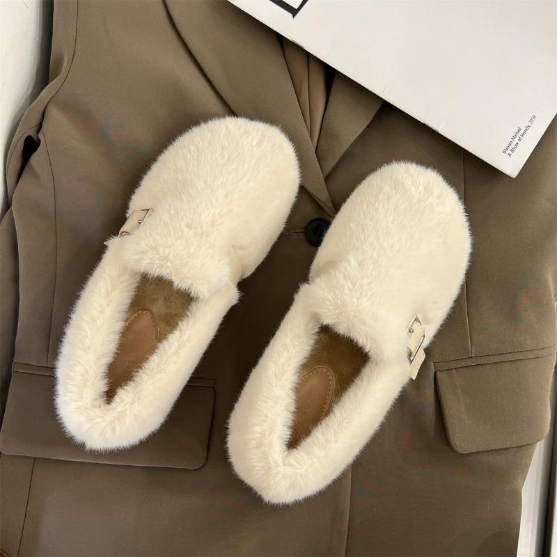 Mode Bout Rond Femmes Décontracté Baskets Féminines Chaussures en Cuir Blanc Mocassins à Enfiler Fourrure Douce à Enfiler Nouvel Hiver