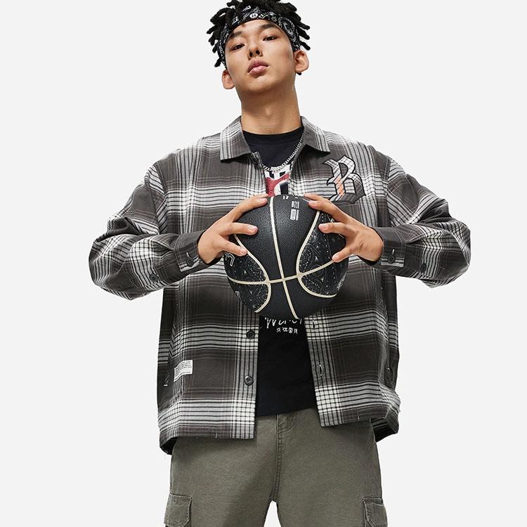 Li Ning Badfive Plaid Letter Print Square Neck Loose Casual Long Sleeve Shirt Men Shirts AFDT855-3