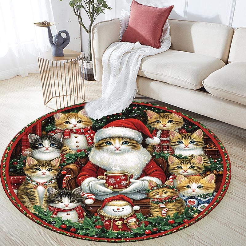 Cats and Santa Claus Round Area Rug,Carpet Rug for Living Room Bedroom Sofa Playroom Decor,Non-slip Floor Mat