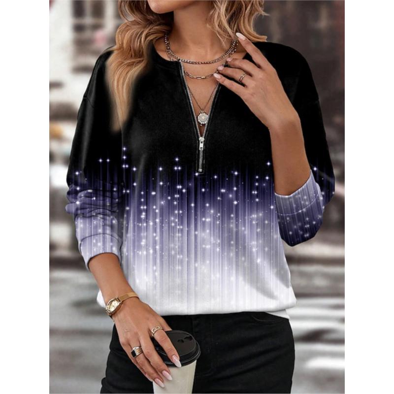 T-shirt Top Mode Imprimé pour Femme Haut Décontracté Col en V Manches Longues Fermeture Éclair Pull T-shirts Hauts Pour Femmes Vacances Bureau Vêtements pour Femmes Nouveau