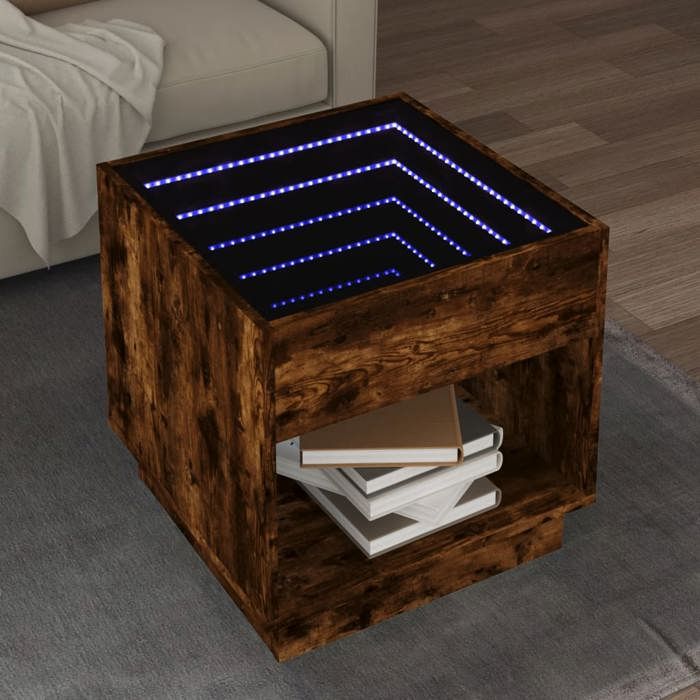 VidaXL Coffee Table with LED Infinity Smoked Oak 50x50x50 Cm, Side Table, Living Room Table, Side Table, End Table 847655