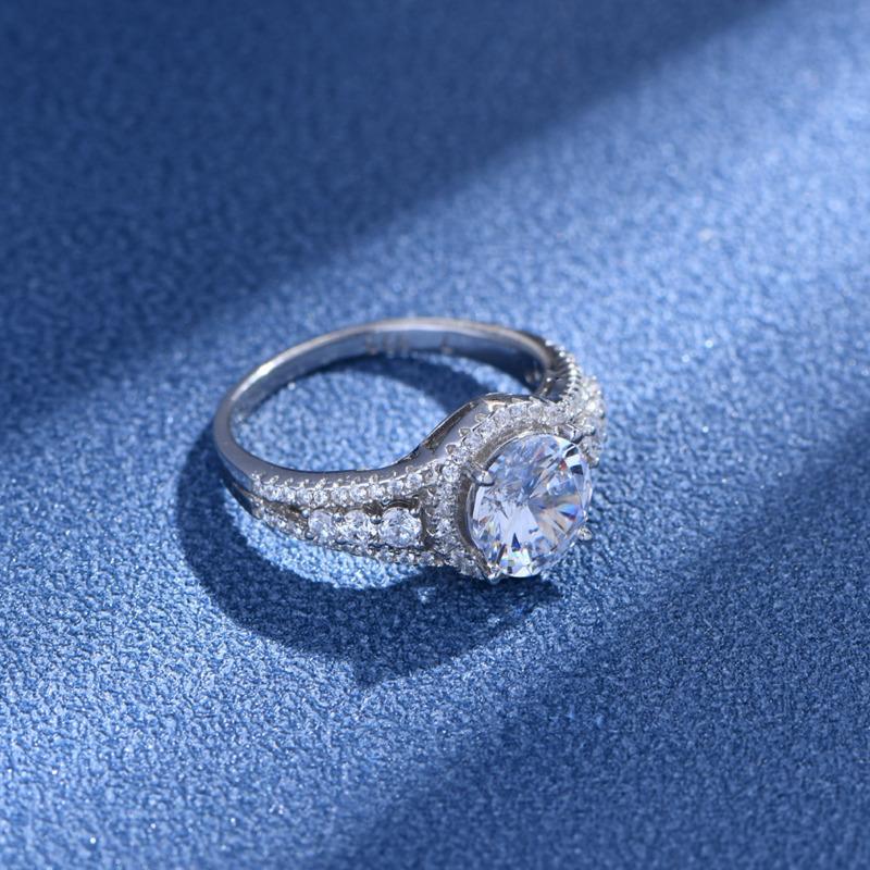 Bague Ringen Runder 8-mm-Ring mit künstlichem Diamant und voller Diamanteinlage. Verlobungs- und Antragsring aus 925er-Sterlingsilber mit 5A-Zirkon