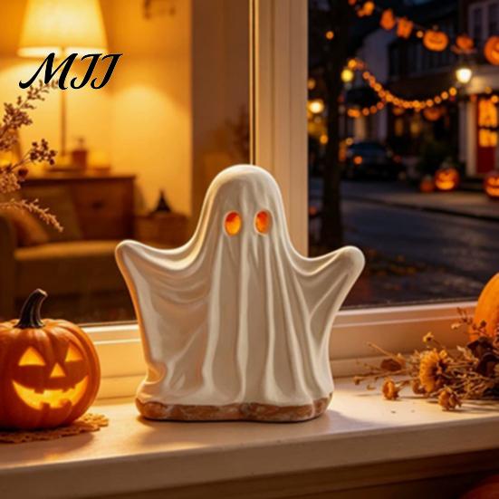 Durable Holiday Party Decorations Ghost Ornament with Warm Light, Cute Spooky Luminous Figurine, Seasonal Home Supplies Resin Night Light for Tabletop
