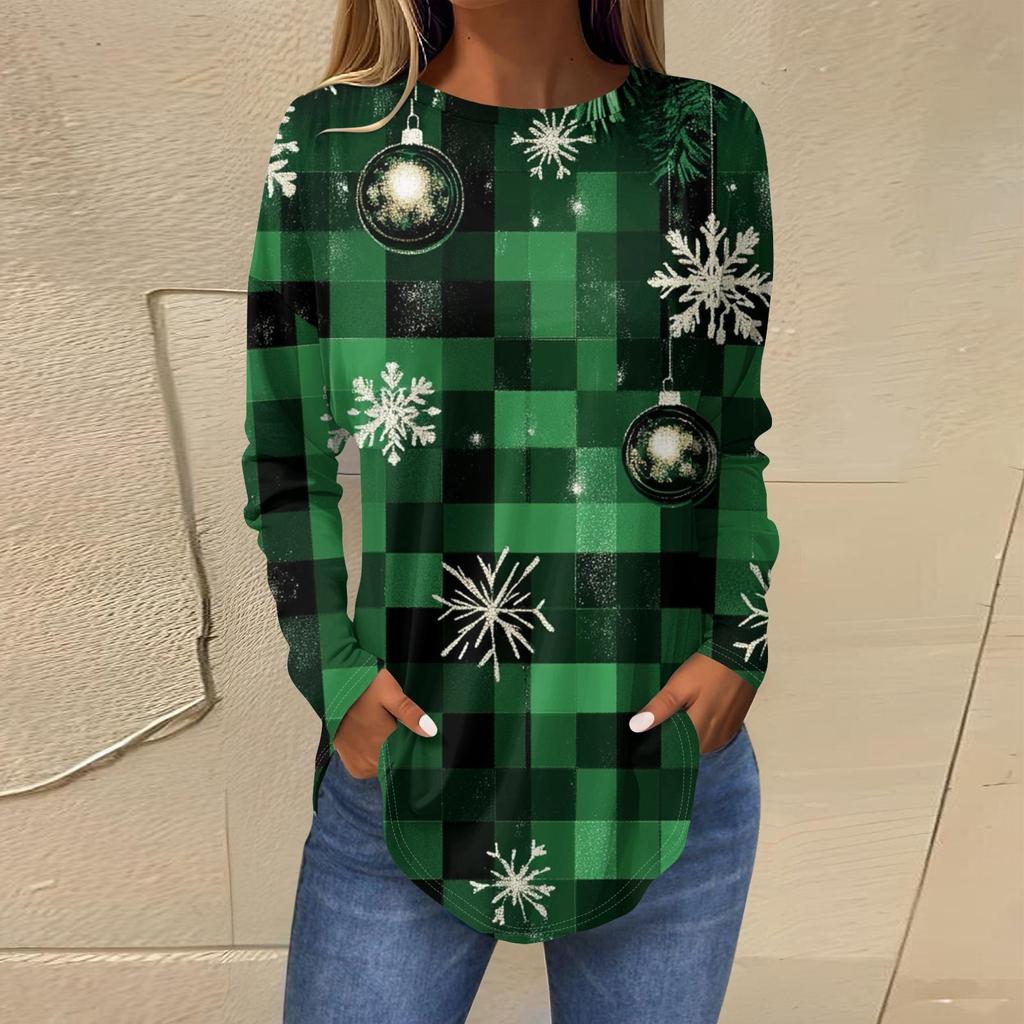 3D Gradient Color Christmas Tree Print Round Neck Long-sleeved T-shirt Casual Long-sleeved Top