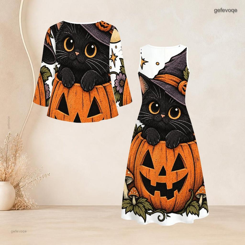 Women Plus Size Two Piece Set Halloween Printed Three Quarter Sleeve Cardigan Sleeveless Long Dress