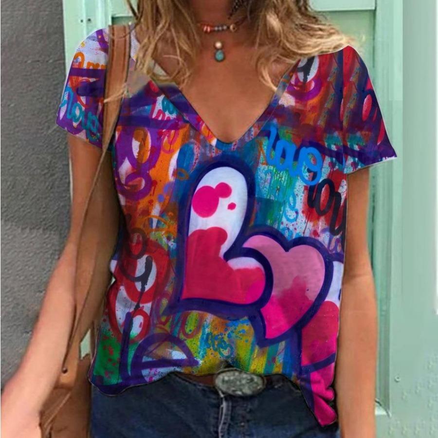 Tričko se vzorem lásky pro páry Letní ležérní volný sportovní styl 3D potisk Krátký rukáv Výstřih do V