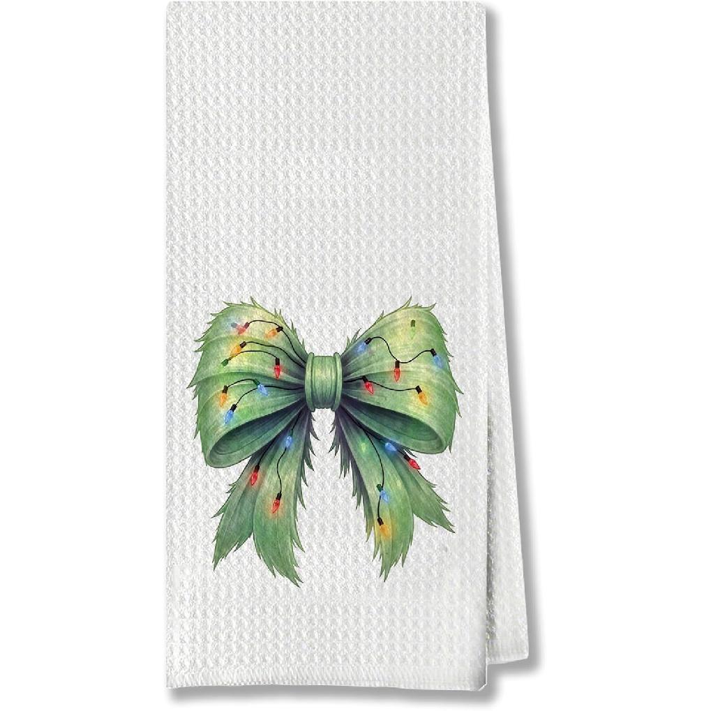 Christmas Lights Bow Kitchen Hand Towels for Bathroom, Holiday Dish Tea Towels, Christmas Decor, 16x24 Inch