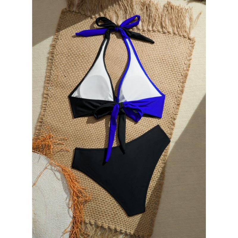 Damen Sexy Kontrastfarbe Zweiteiliger Bikini Badeanzug