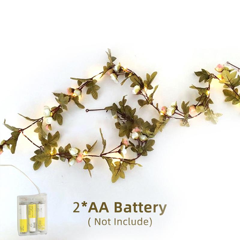 

2.2m Artificial Rose Flowers Leaves Vine String Light Battery Powered Hanging Copper Wire Garland for Christmas Wedding,White/Pink A