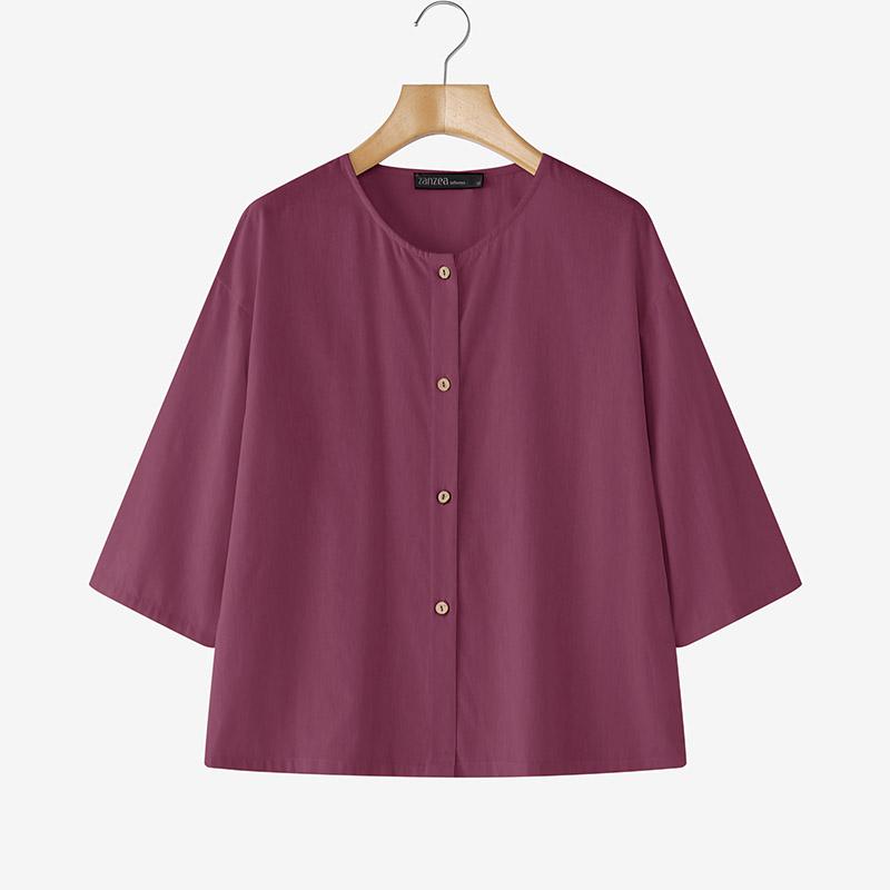 ZANZEA Women Round Neck 3/4 Sleeve Loose Casual Blouse
