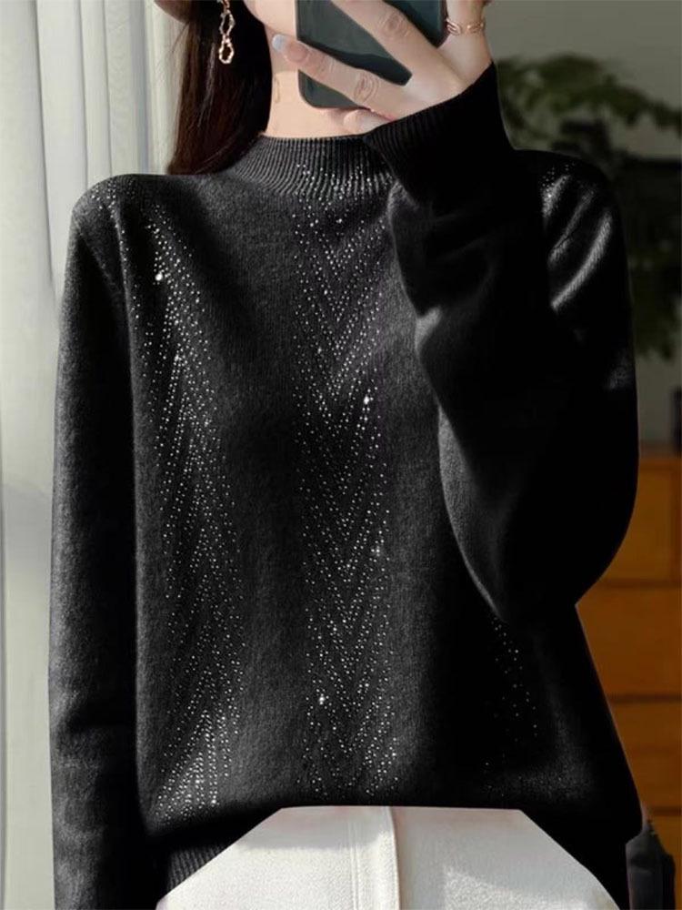 Women's Solid Color Wool Sweater: New Half-High Collar Knit Pullover with Hot Drill Detail for Autumn/Winter