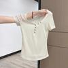 Damen Sommer Grau Henley-Kragen Geripptes T-Shirt Gebogener Saum Oberteil