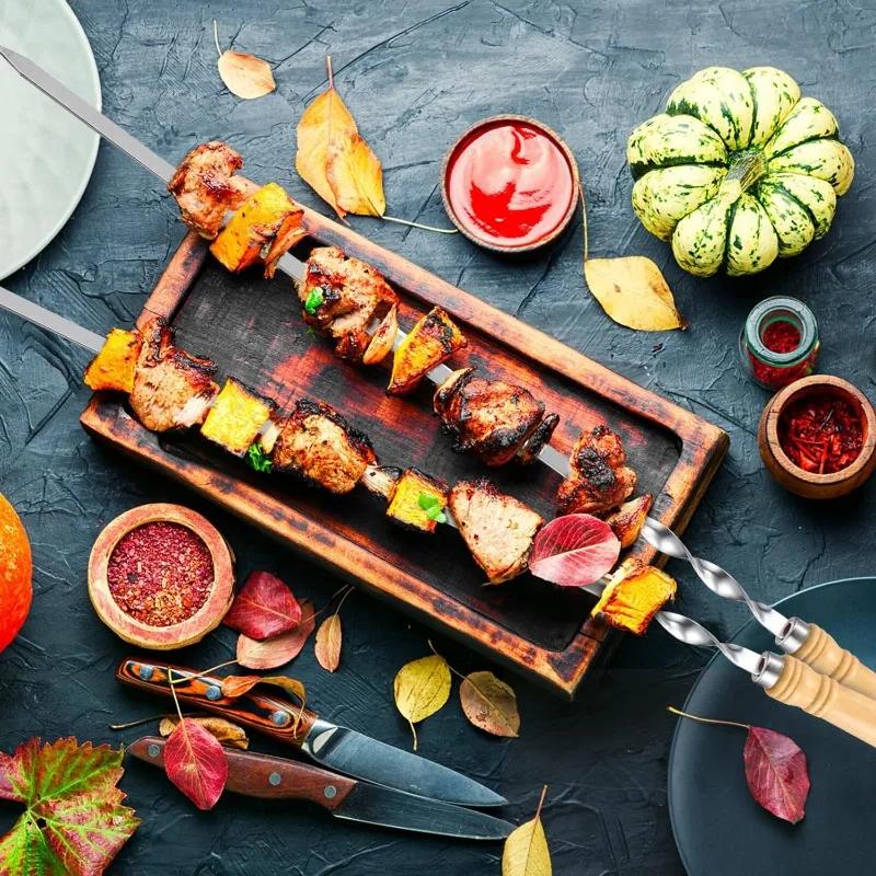 30PCS Barbecue Flat Stick Steel Brazier Wooden Handle Big Flat Stick Outdoor Barbecue Tools Stainless Steel Barbecue Stick