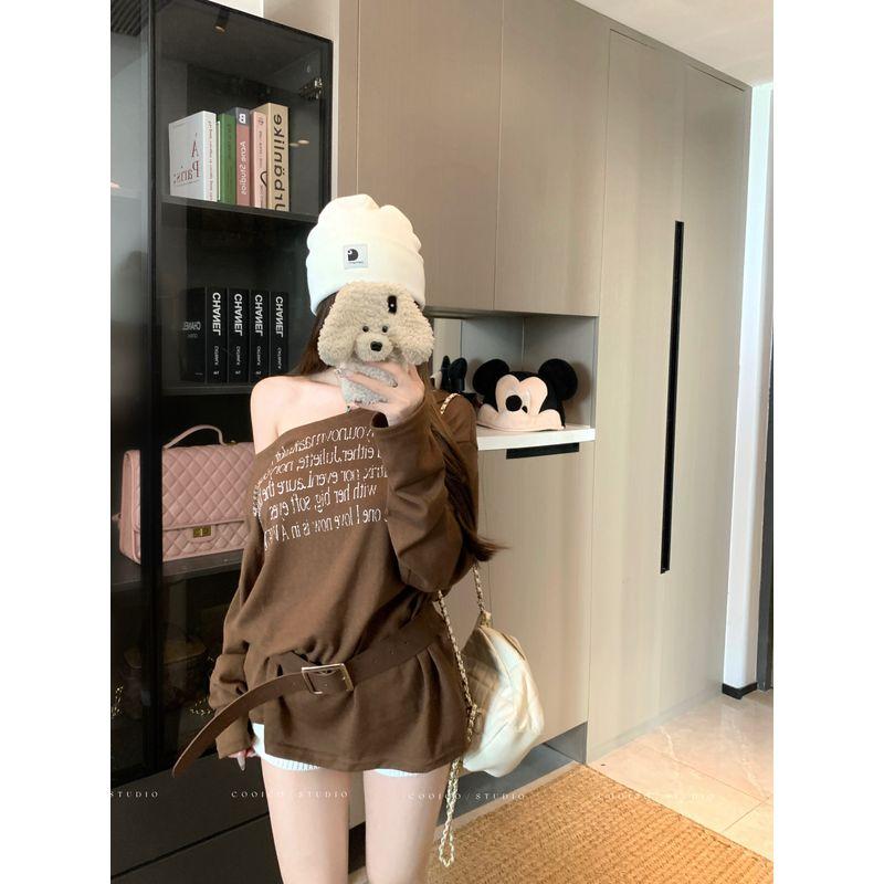 Kumikumi Design Sense Solid Temperament Letters Print Long sleeves Shirt Women Autumn Waist Hugging Slimming Sloping Shoulder Top