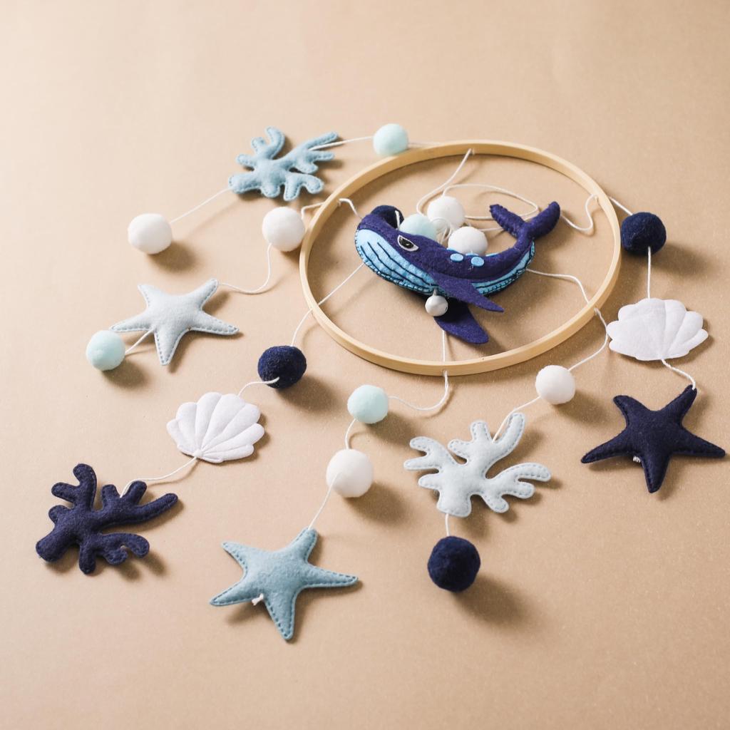 Make Wooden Bed Mobile with and Coral Fluffy Felt Underwater Wall Decor for Baby Birthday Baby Shower Soothes and More Dark Let's Whale, Seahorse,