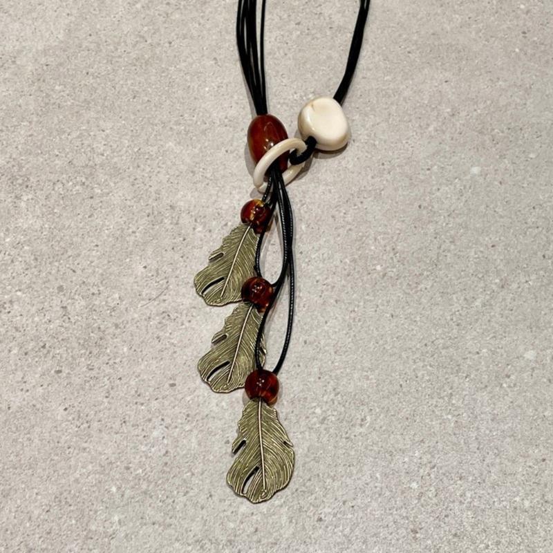 Long Bohemian Ceramic Bead Strand Necklace Ethnic Leaf Pendant Fringe Jewelry for Women Summer Statement Accessory