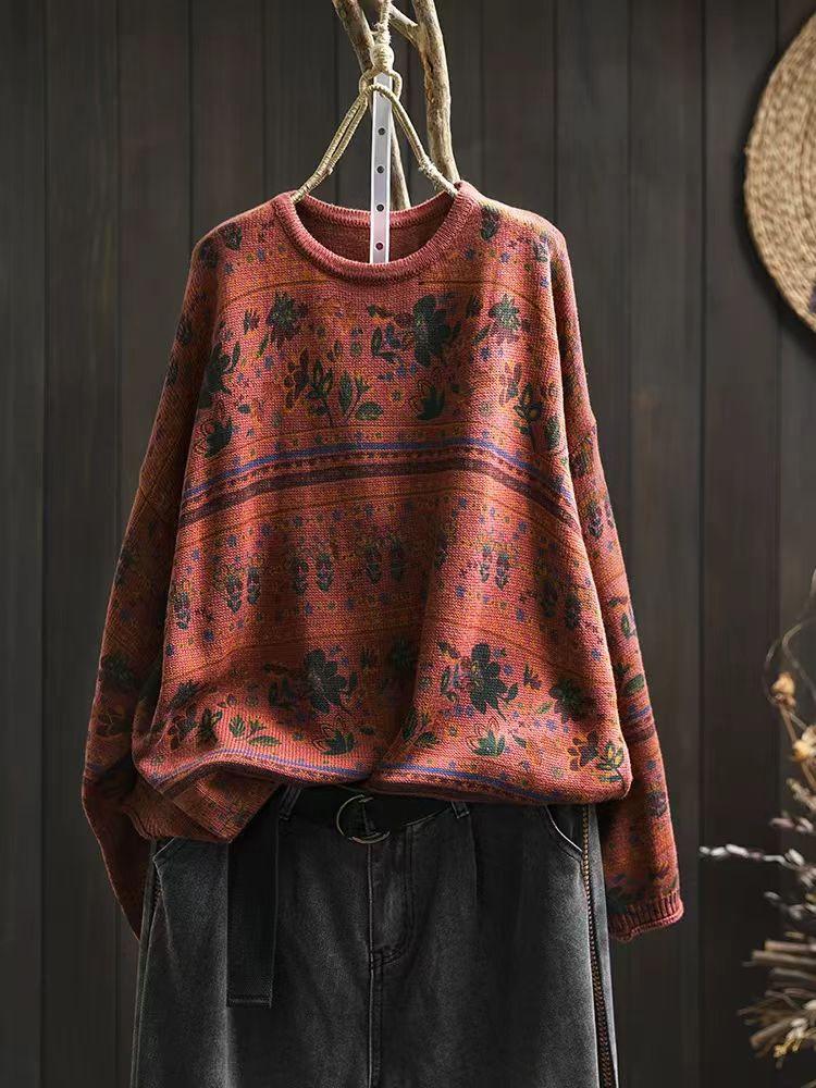 Johnature Woman Autumn Niche Vintage O-Neck Casual Loose Retro Sweater Chinese Style Long Sleeves Print Sweater
