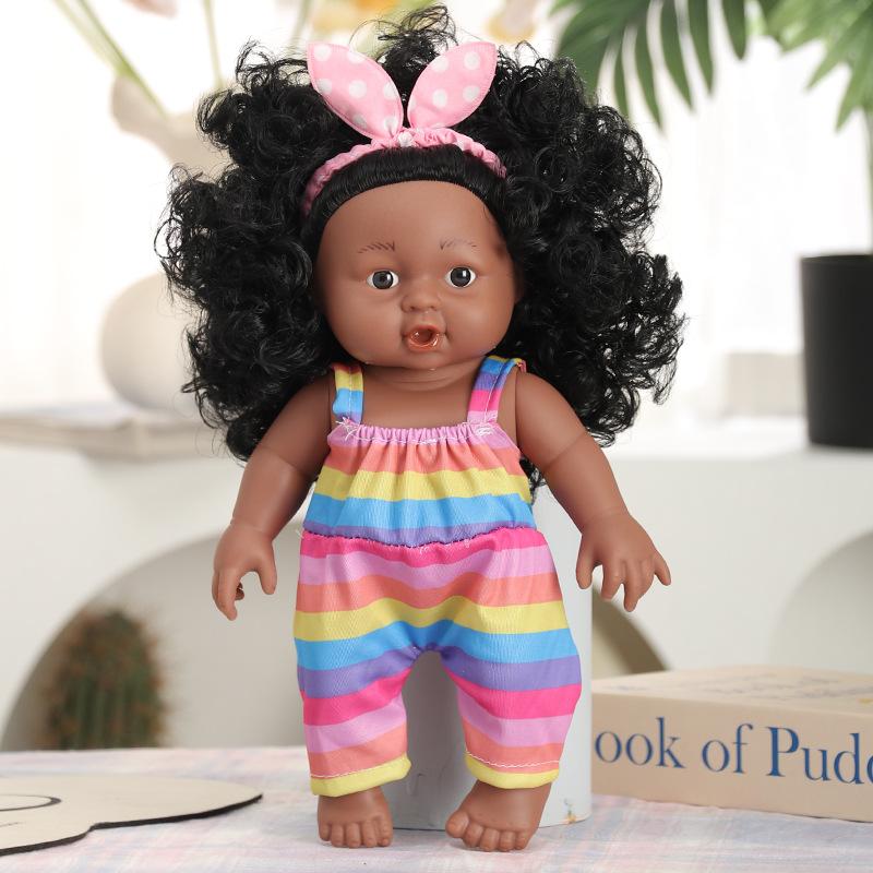 12 Inch African Black Doll Simulation Baby Vinyl Figure Cute Dark Skin Curly Hair Reborn Doll Movable Joints Kids Play House Toy