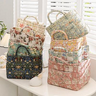 Boho Fabric Storage Basket with Handle Pastoral Style Baskets Quilted Laundry Hampers for Small Apartment Dormitory Closet