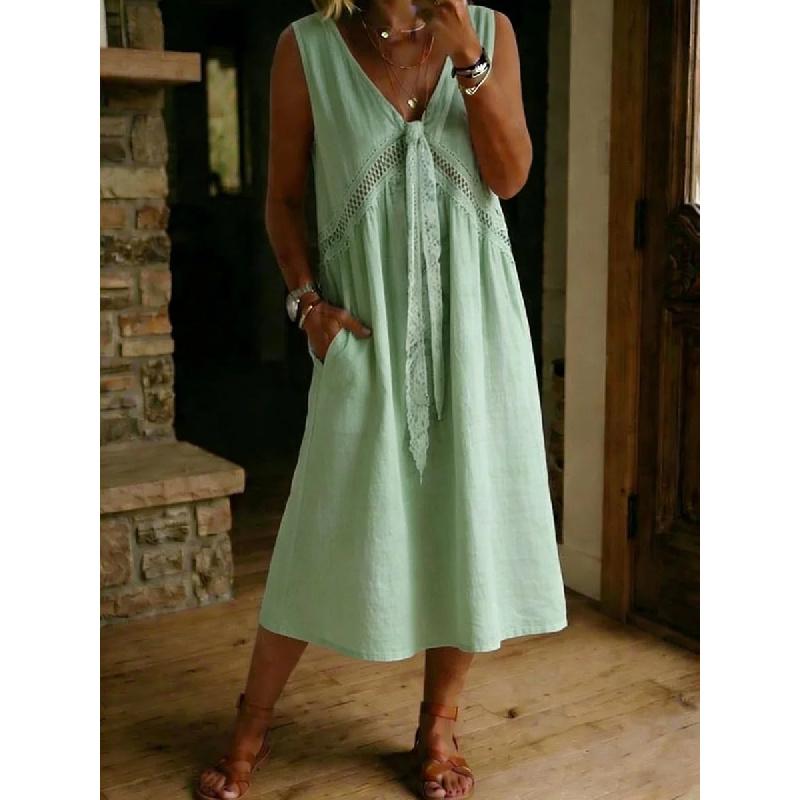 2026 New Women's Solid Color Lace Decorated Sleeveless Dress V-neck Casual Dress