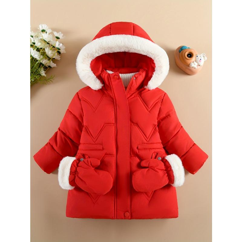 Girl'S Comfy Solid Color Long Sleeves Warm Hooded with Pockets & Gloves, Trendy Versatile Zip-Up Coat for Outdoors, Fall And Winter Best Choice