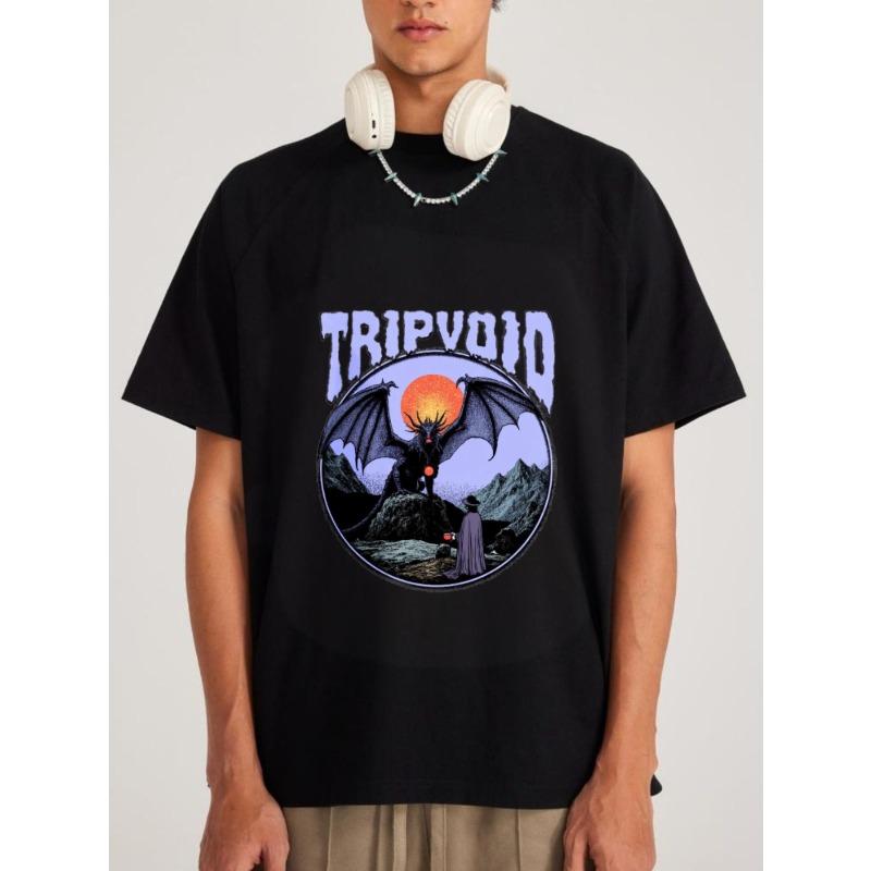 White T-Shirt with Tripvoid Dragon and Sunset Mountain Scene Graphic for Casual Wear