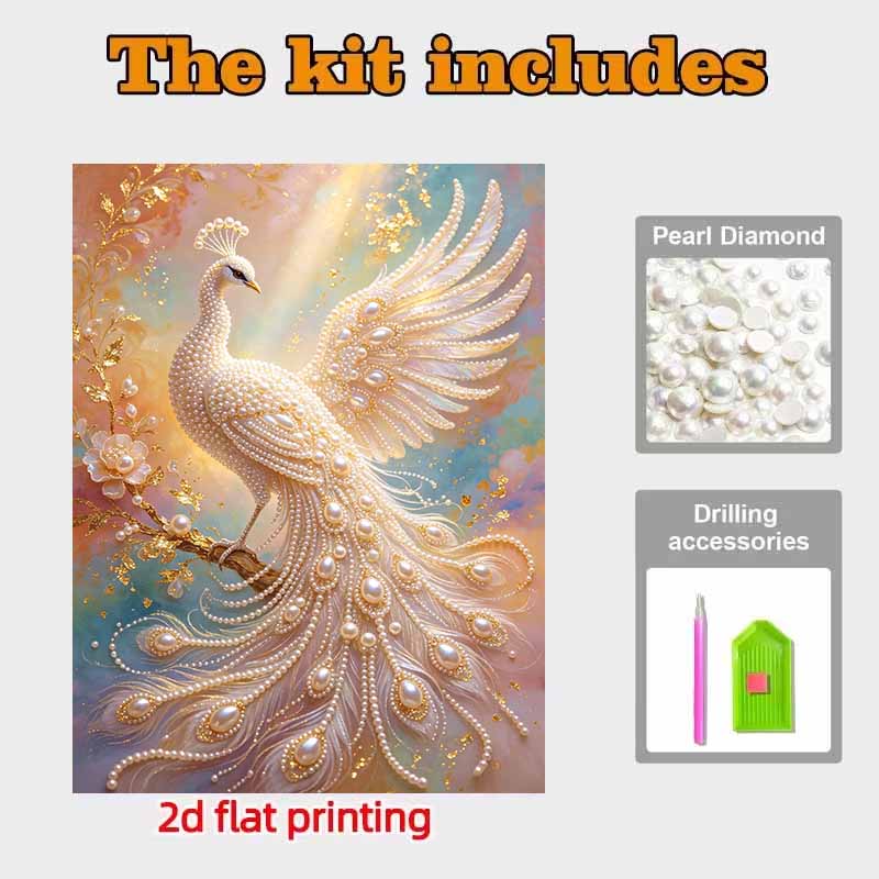 Pearl Art Painting Home Wall Decor White Peacock Pearl Gemstone Painting Picture Crafts Adult/Beginner Gift Creative Home Decor Unframed