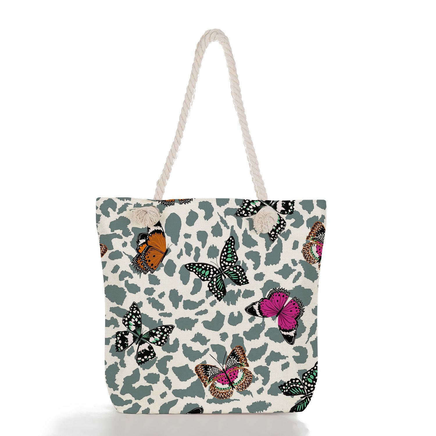 

Multifunctional Flowers and butterflies Printed Thick Rope Shoulder Beach Bag Casual large capacity handbag 7615