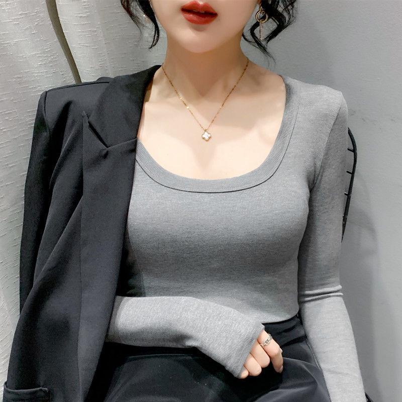

Women s Korean Style Slim Fit Threaded Cotton U-Neck T-Shirt for Spring & Autumn 2XL (60-65 kg)