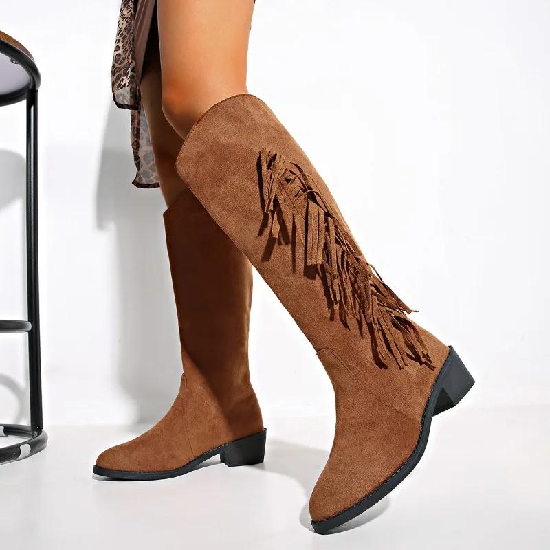 Moda Damskie Botki za Kolano z Frędzlami w Stylu Vintage Szpiczasty Nosek Kowbojskie Długie Buty Damskie Western Jazda Jesień Zima Buty dla Kobiet 2024
