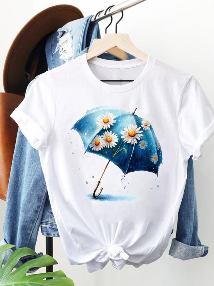 (Asian Size) Trend Flower Lovely Clothing Women Fashion Print Short Sleeve Tee Top Female T Shirt Woman Graphic T-shirts