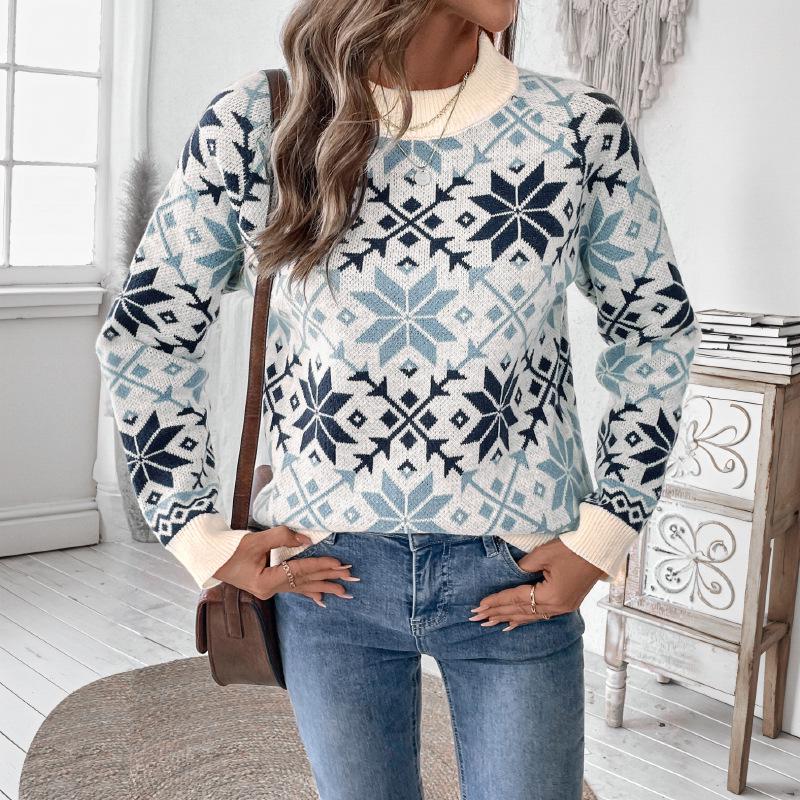 Nordic Style Women's Snowflake Pattern Knitted Sweater - Autumn/Winter 2025 Retro Color Block