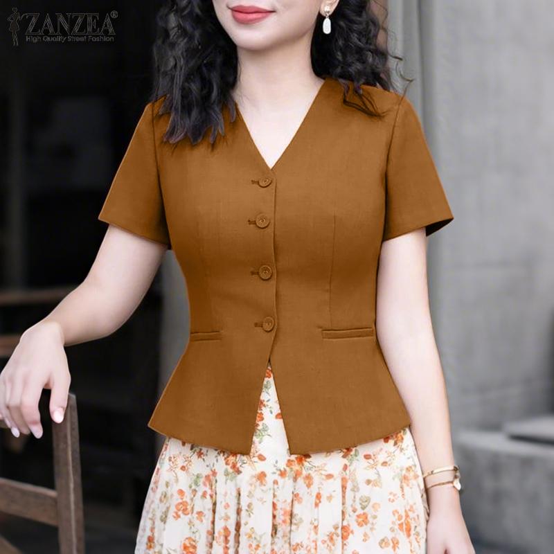 ZANZEA Women Summer V-Neck Short Sleeve Casual Blouse