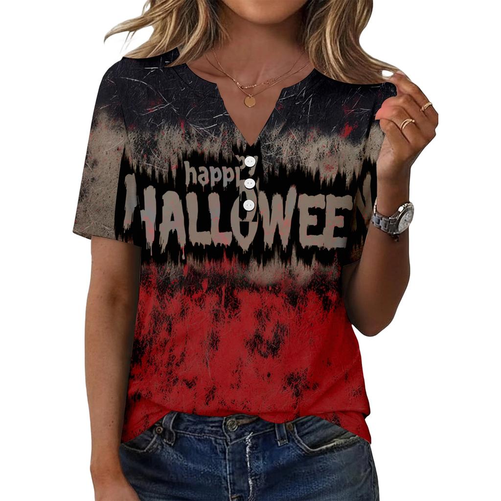 Women's Casual Halloween Print V Neck Button Front Three Quarter Sleeve T Shirt Top for Everyday Wear